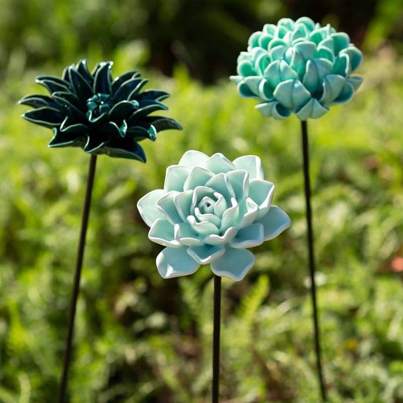 Ceramic Garden Flower Stakes, Set of 3 - Blue